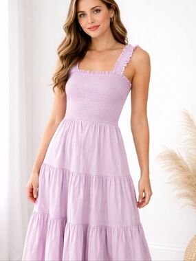 Abercrombie & Fitch Womans XS Lavender Smocked Bodice Layered Maxi Dress Pockets